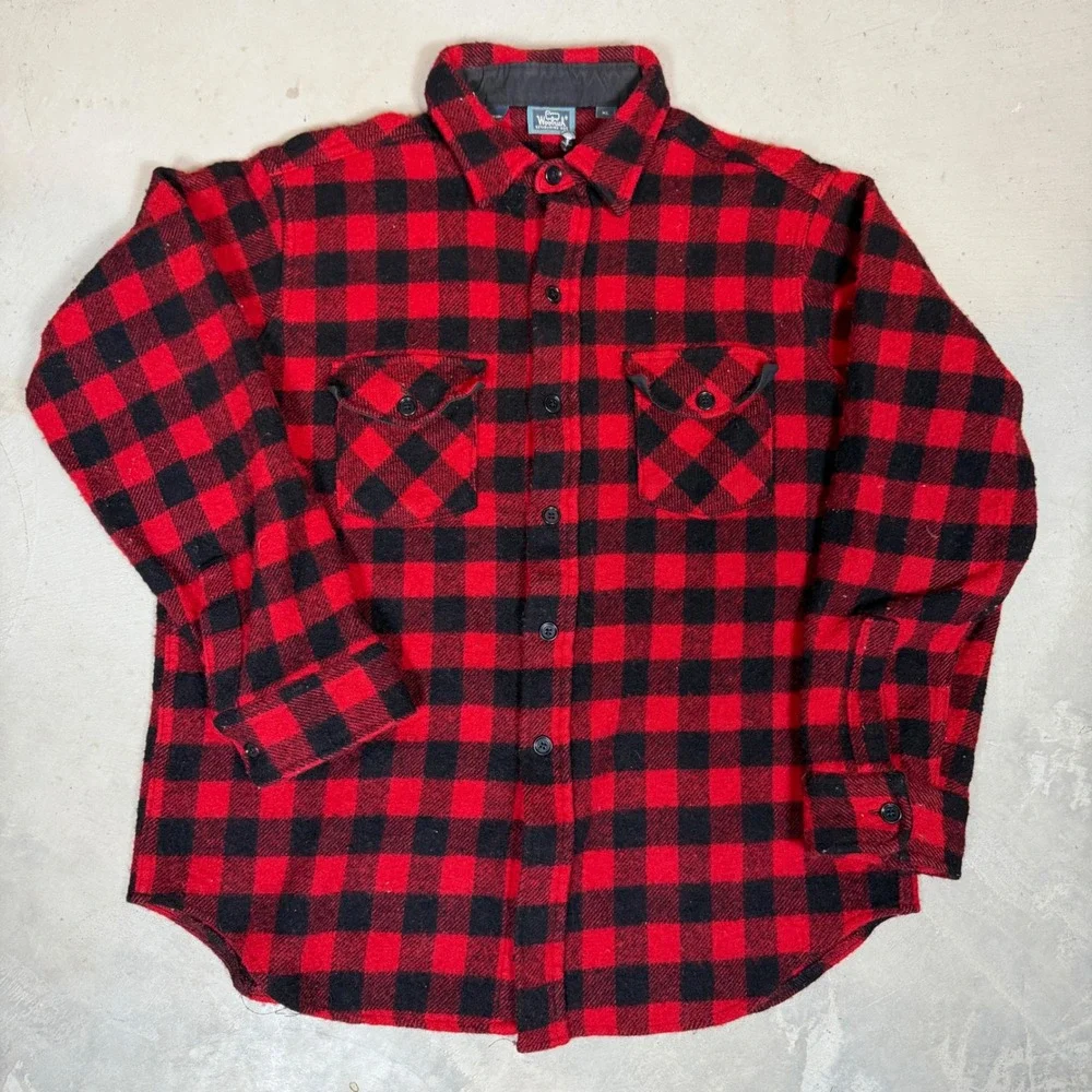 90s Woolrich Buffalo Plaid Wool Shirt Mens XL Red Black Check Flannel Made USA